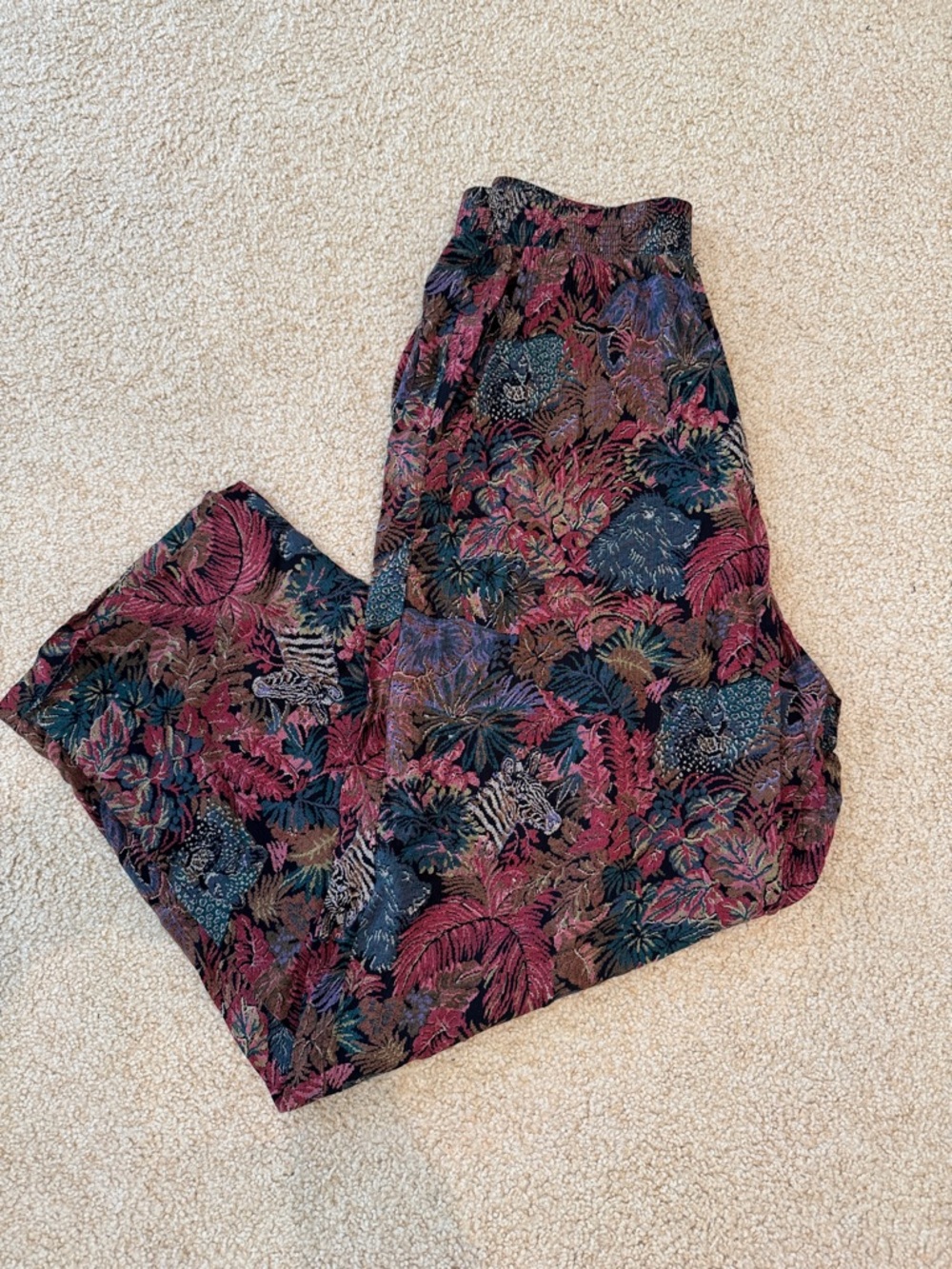 Karen Kane Burgundy and Green Botanical Jogger Pants